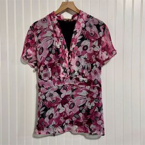 Notations Woman Plus Sz 2X Pink Floral Blouse Tie Back Empire Waist Button Front